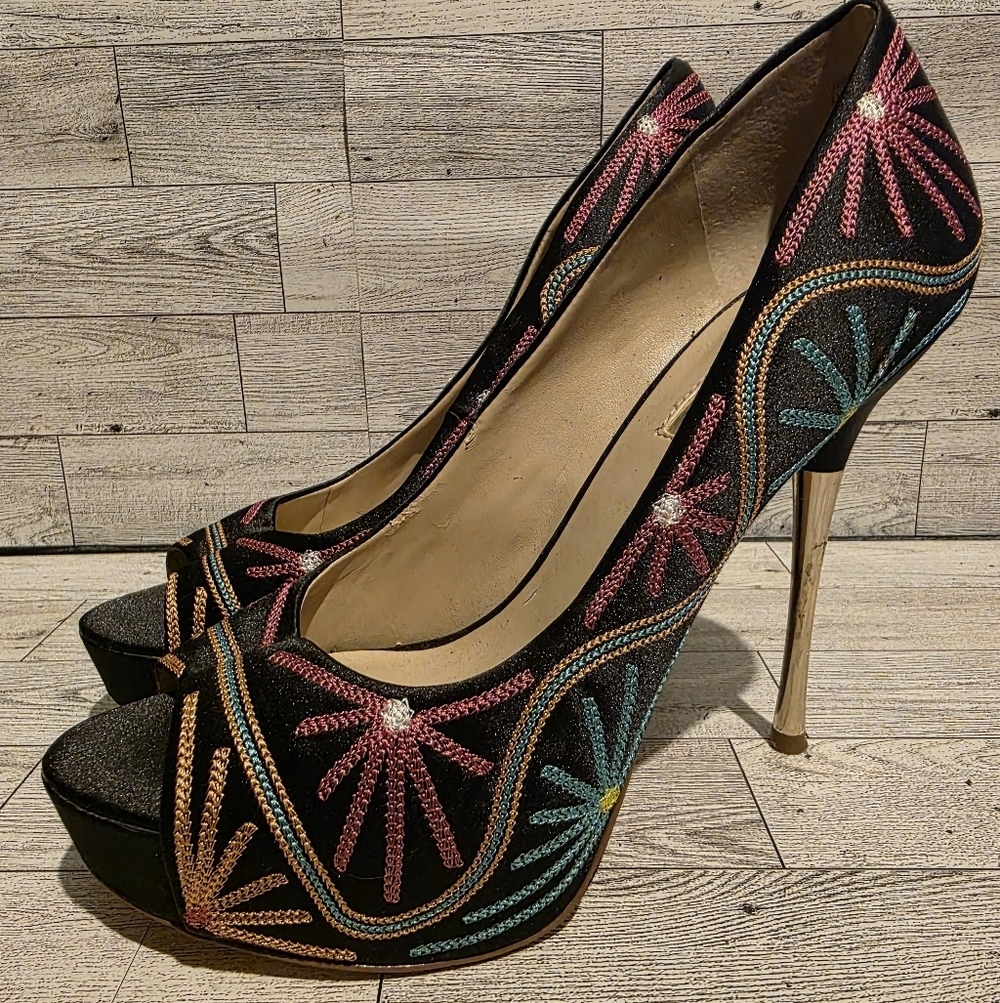INC International Concepts Black Embroidered Multicolor Peep-Toe Stiletto Heels